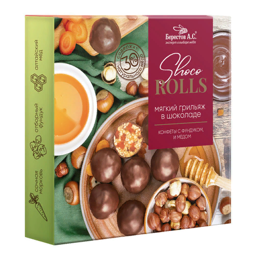 №2 Берестов Shoco Rolls конфеты с фундуком, цукатами моркови  и медом 135г  в Дальнегорске